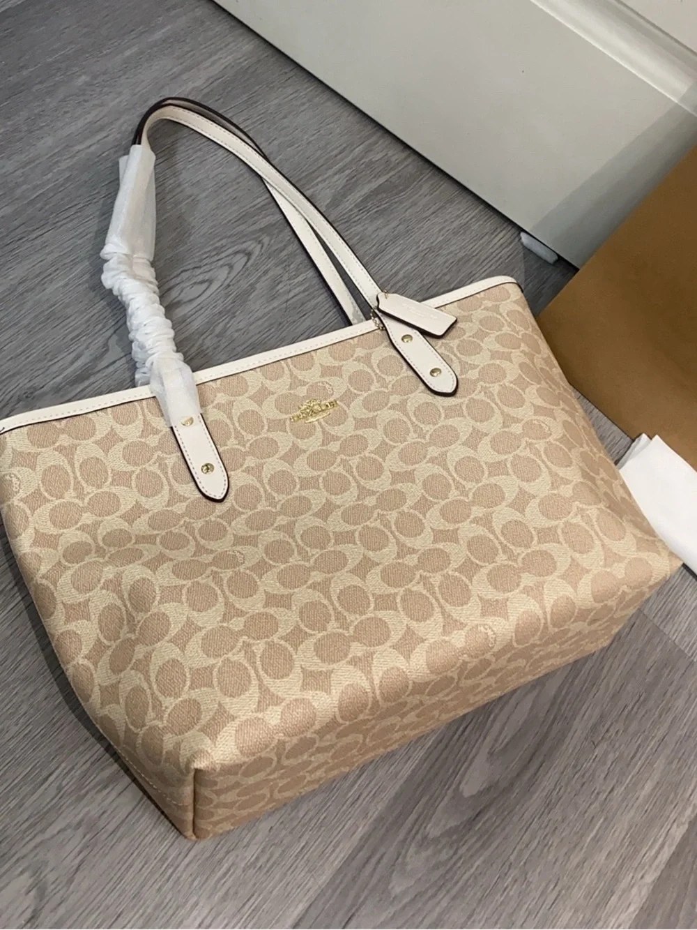 Coach Beige and White Signature Logo Tote